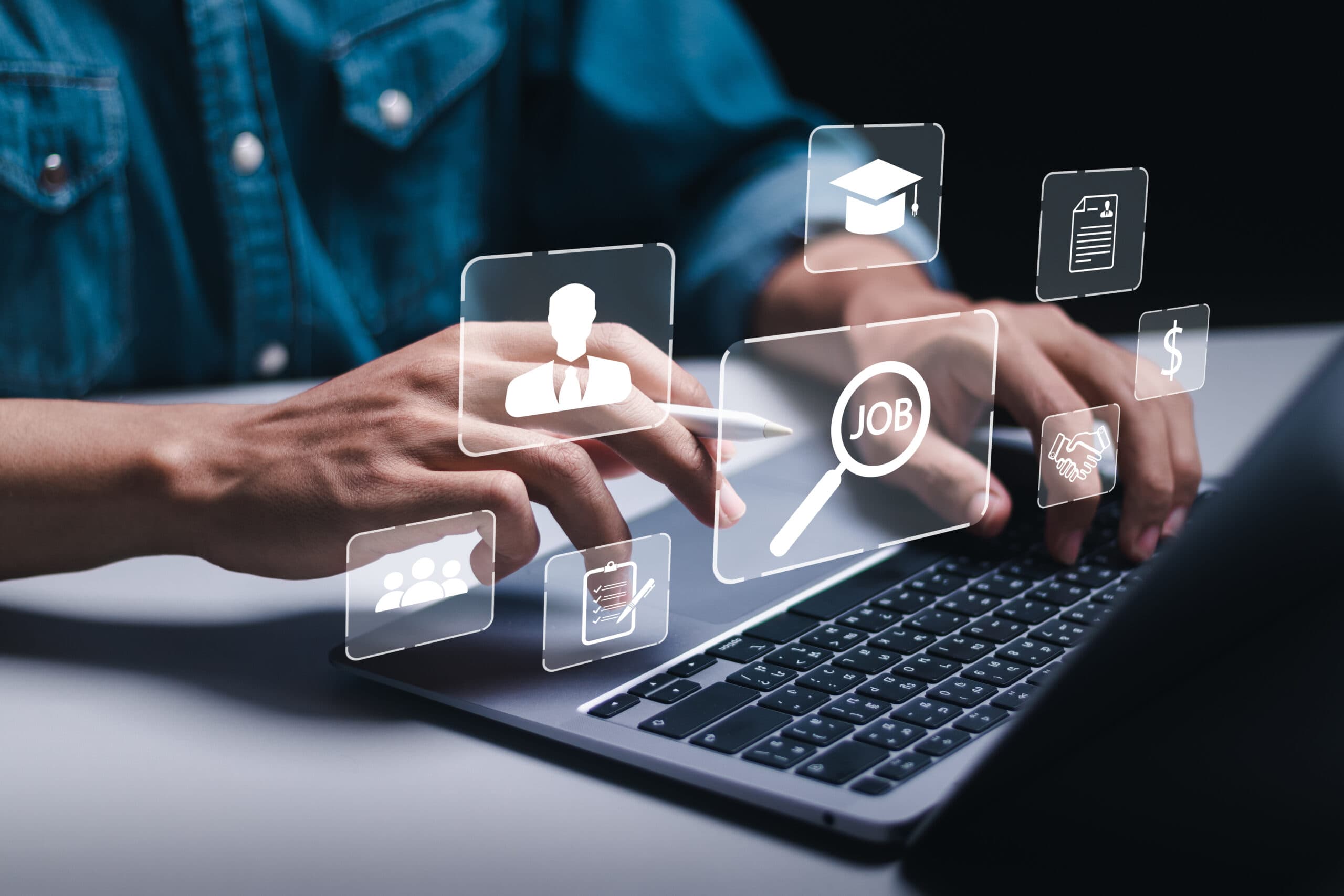 HR or Hiring Human Resources. Businessman use laptop to searching job and fill out personal data on job website.