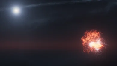 این تصویر که توسط ناسا در دسامبر ۲۰۲۵ ارائه شده است، پیامدهای برخورد بین دو سنگ فضایی عظیم که به دور ستاره فُم‌الحوت می‌چرخند را نشان می‌دهد. (NASA, ESA, STScI, Ralf Crawford, Space Telescope Science Institute via AP)