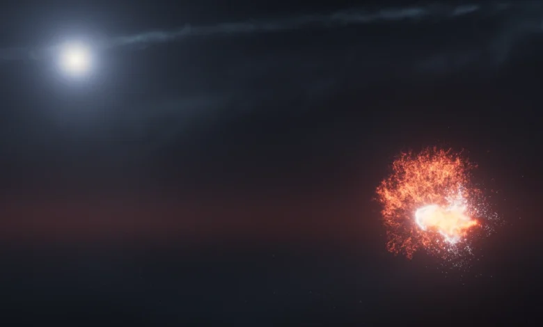 این تصویر که توسط ناسا در دسامبر ۲۰۲۵ ارائه شده است، پیامدهای برخورد بین دو سنگ فضایی عظیم که به دور ستاره فُم‌الحوت می‌چرخند را نشان می‌دهد. (NASA, ESA, STScI, Ralf Crawford, Space Telescope Science Institute via AP)